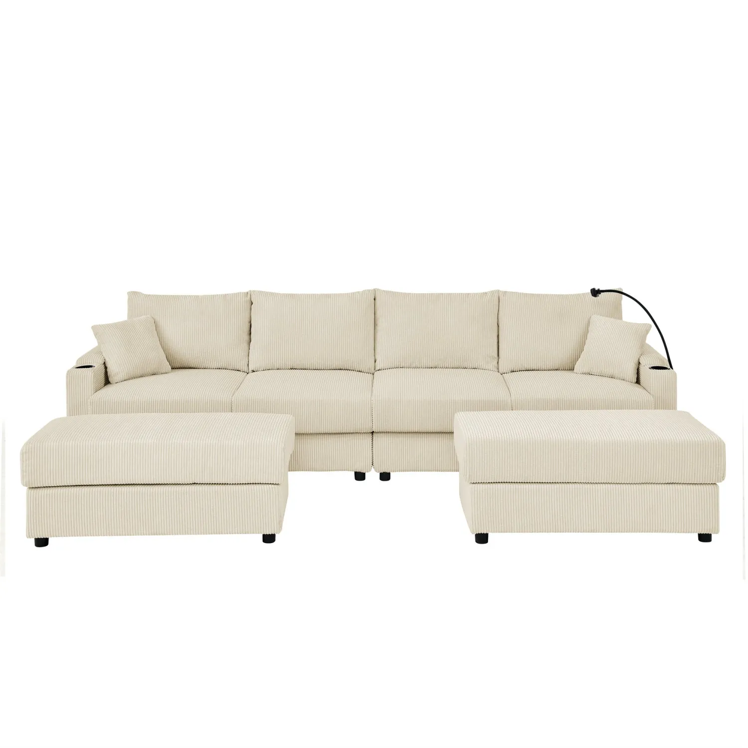 Streamdale U-Shaped Beige Corduroy Couch with Storage Ottomans