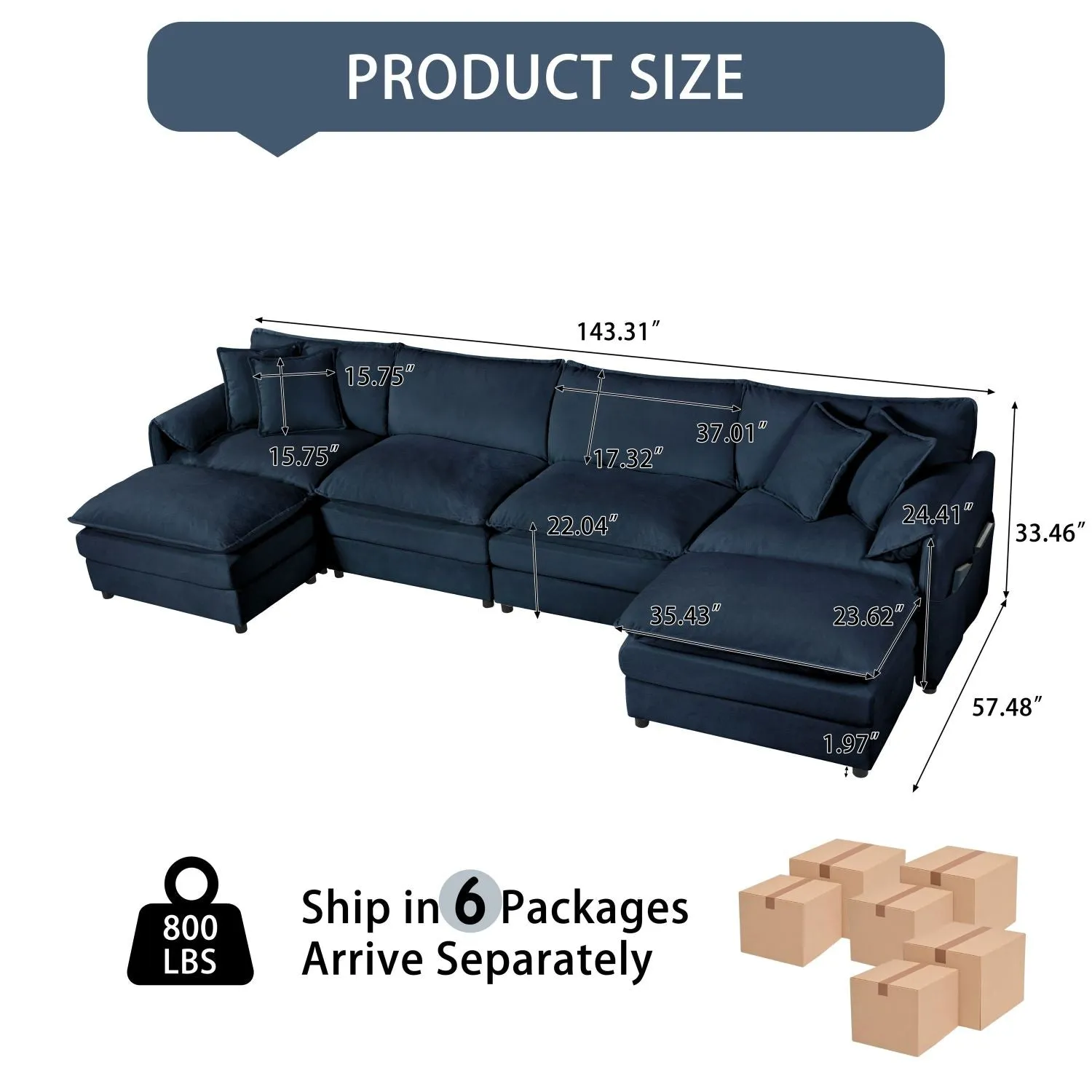 Streamdale U-Shaped Sectional Sofa with Ottomans - Chenille Blue