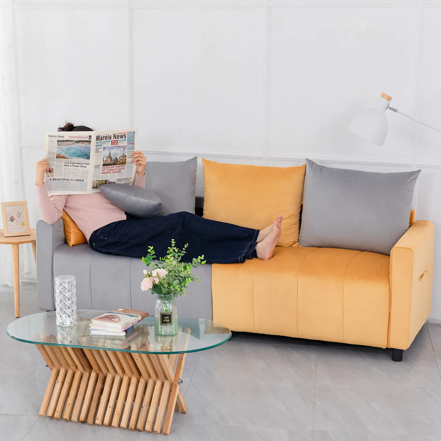 Streamdale Velvet 2-Seater Sofa, Light Grey & Yellow, Modern Design