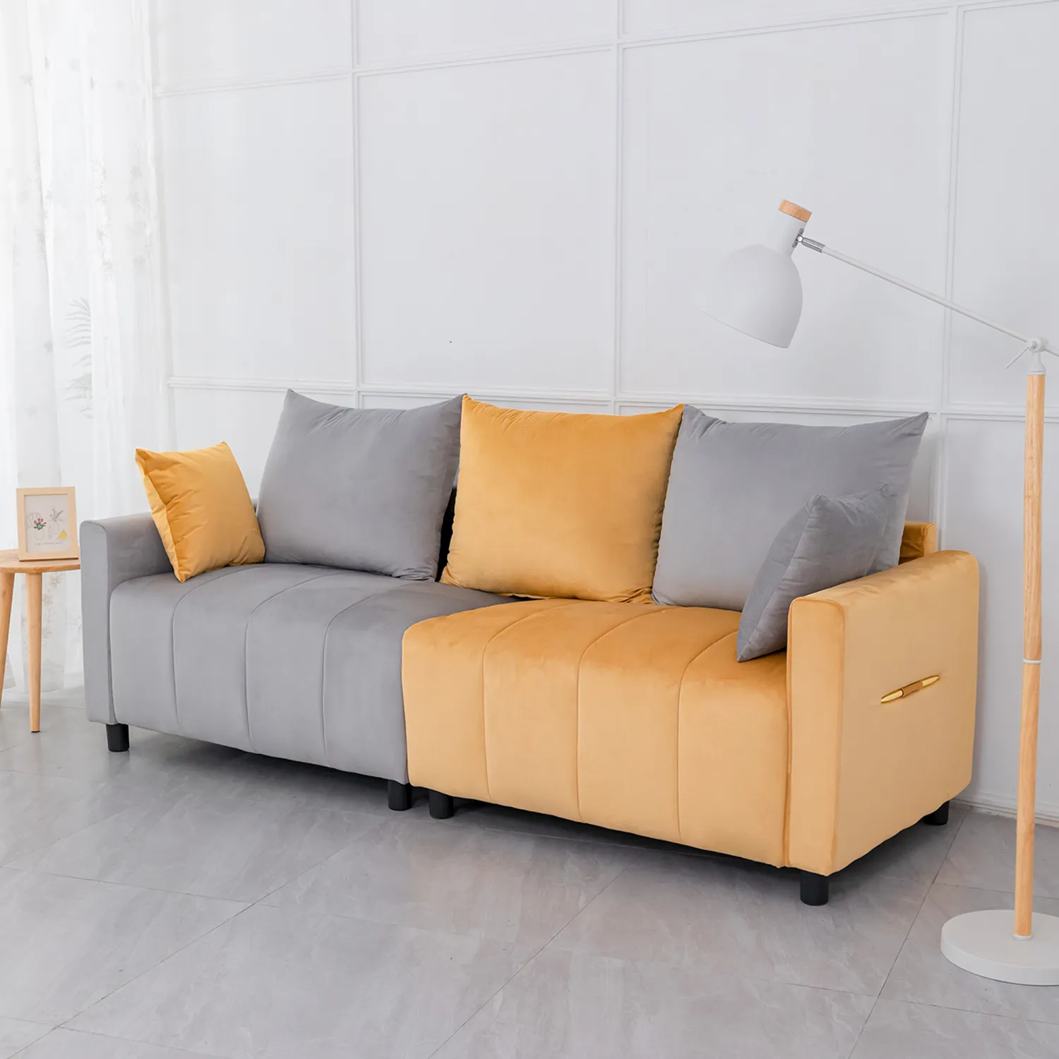 Streamdale Velvet 2-Seater Sofa, Light Grey & Yellow, Modern Design