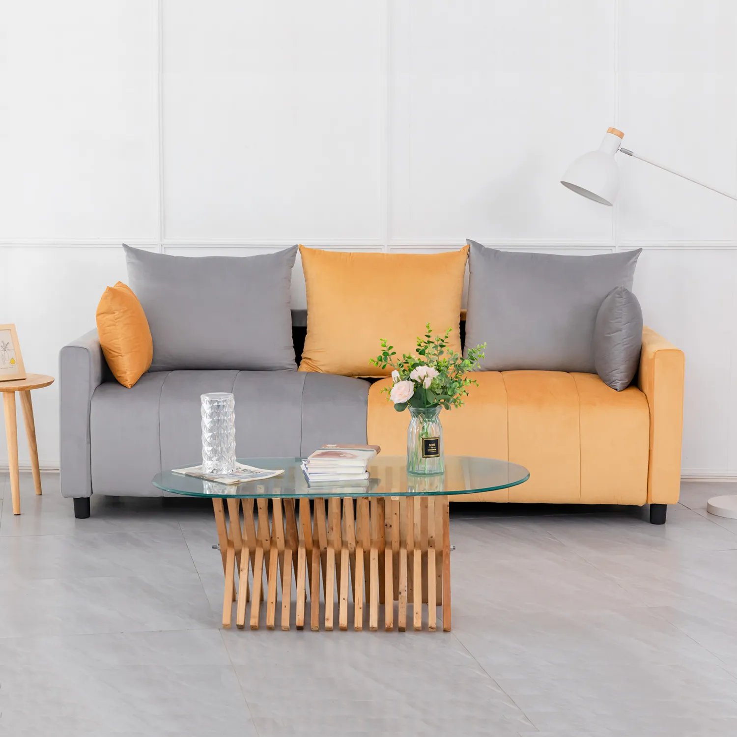 Streamdale Velvet 2-Seater Sofa, Light Grey & Yellow, Modern Design