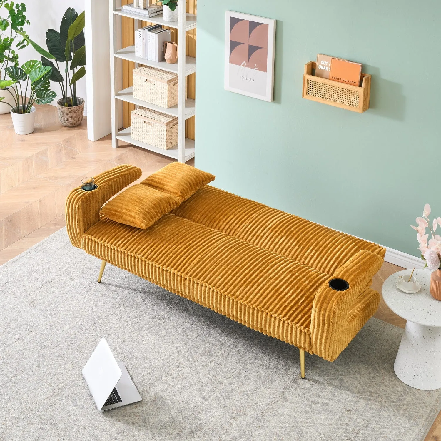 Streamdale White Corduroy Sofa with Pillows - Minimalist Living Room/Study