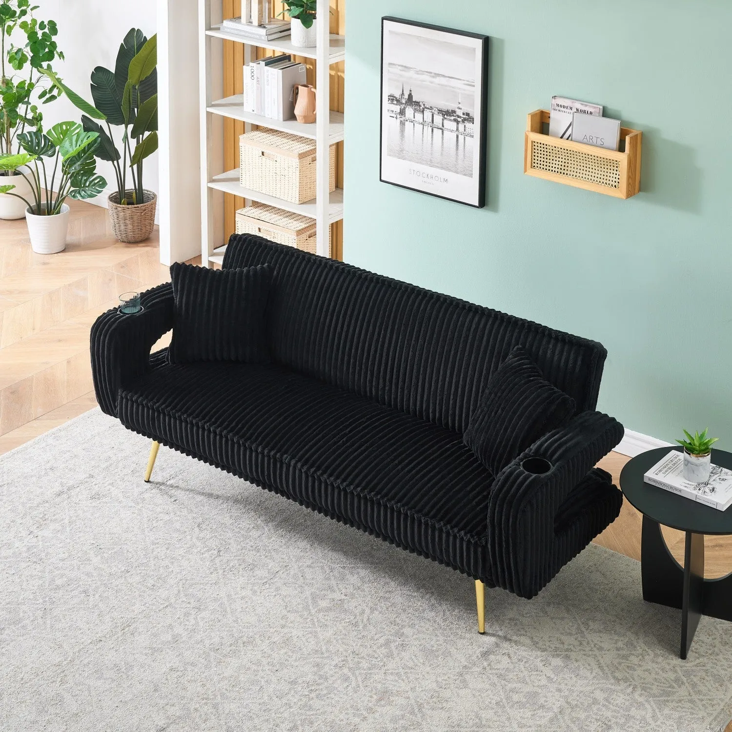 Streamdale White Corduroy Sofa with Pillows - Minimalist Living Room/Study