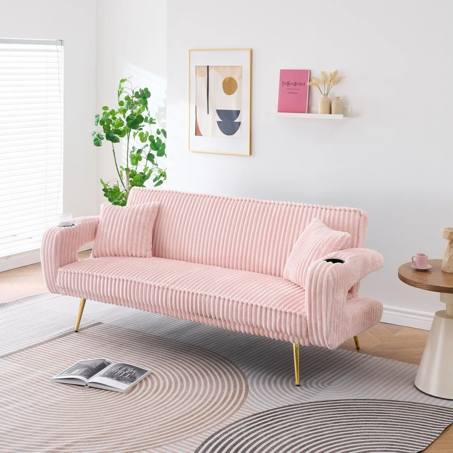 Streamdale White Corduroy Sofa with Pillows - Minimalist Living Room/Study