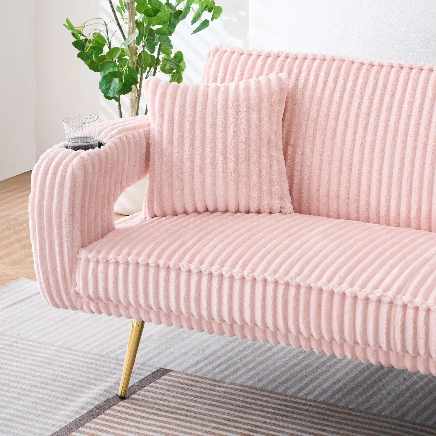 Streamdale White Corduroy Sofa with Pillows - Minimalist Living Room/Study