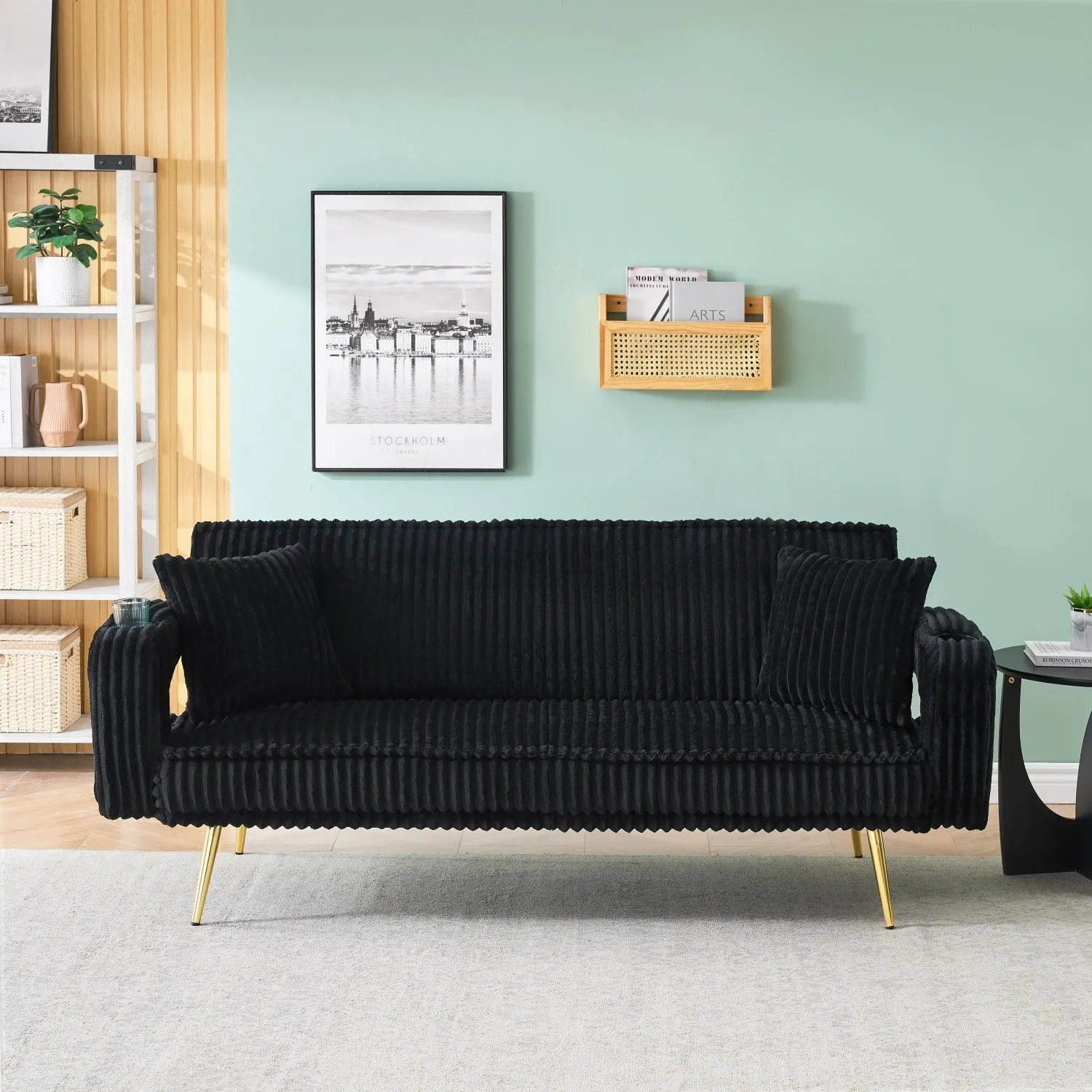 Streamdale White Corduroy Sofa with Pillows - Minimalist Living Room/Study