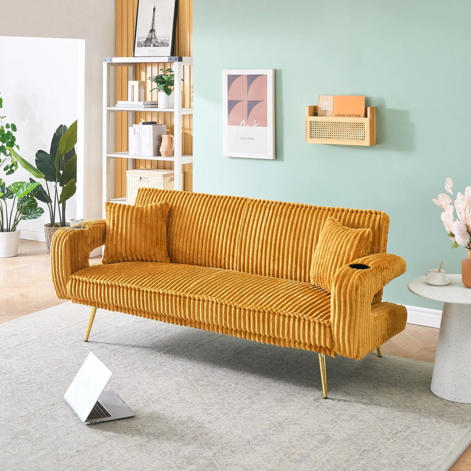Streamdale White Corduroy Sofa with Pillows - Minimalist Living Room/Study