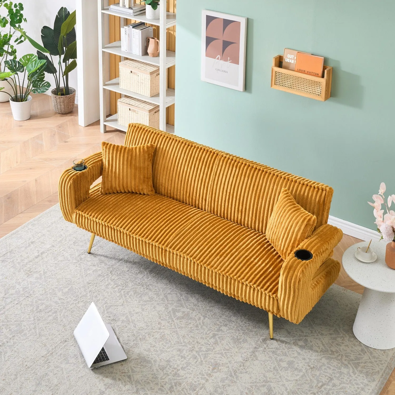 Streamdale White Corduroy Sofa with Pillows - Minimalist Living Room/Study