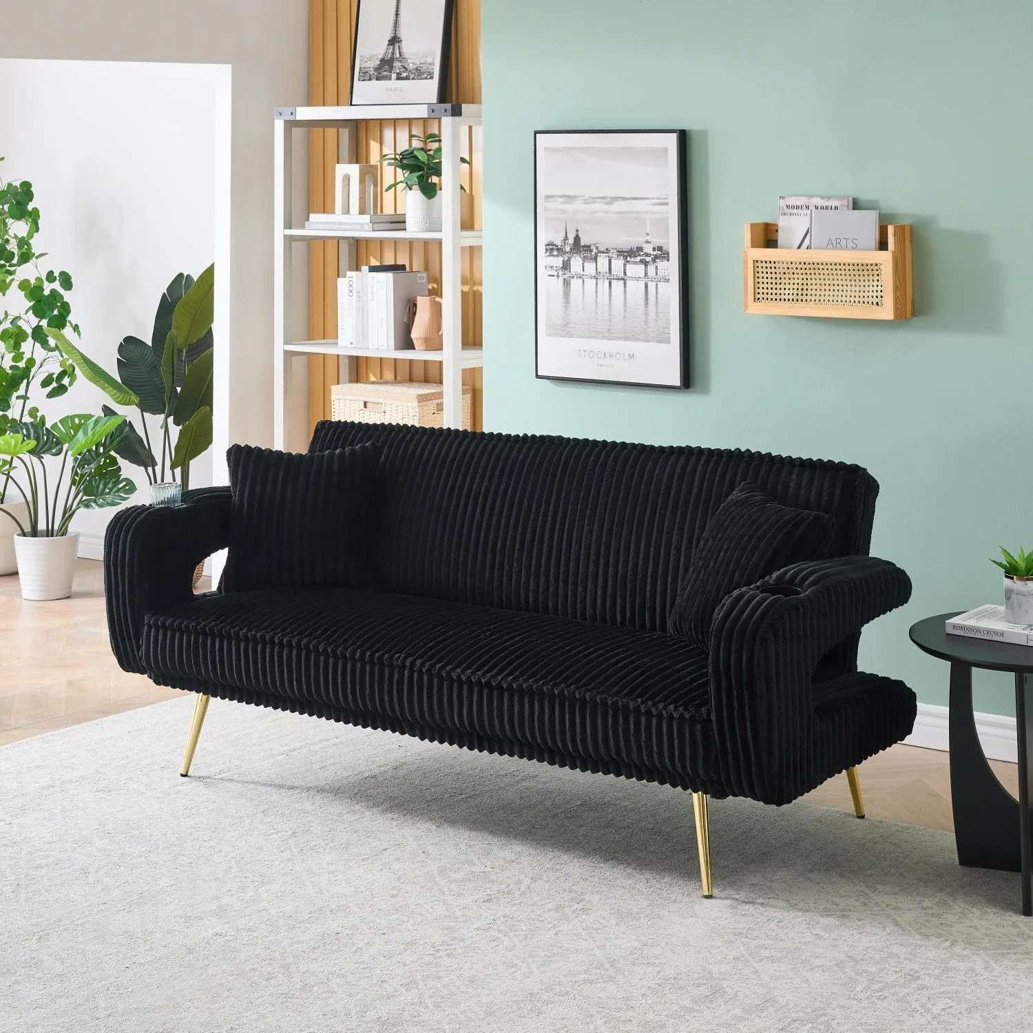 Streamdale White Corduroy Sofa with Pillows - Minimalist Living Room/Study