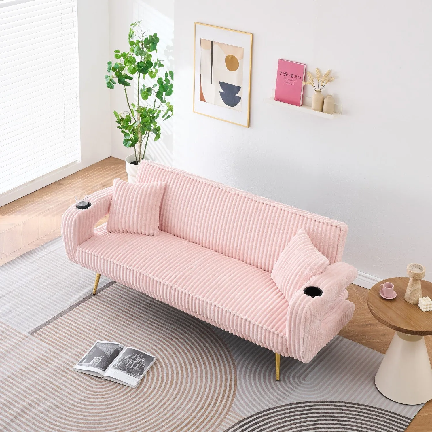 Streamdale White Corduroy Sofa with Pillows - Minimalist Living Room/Study